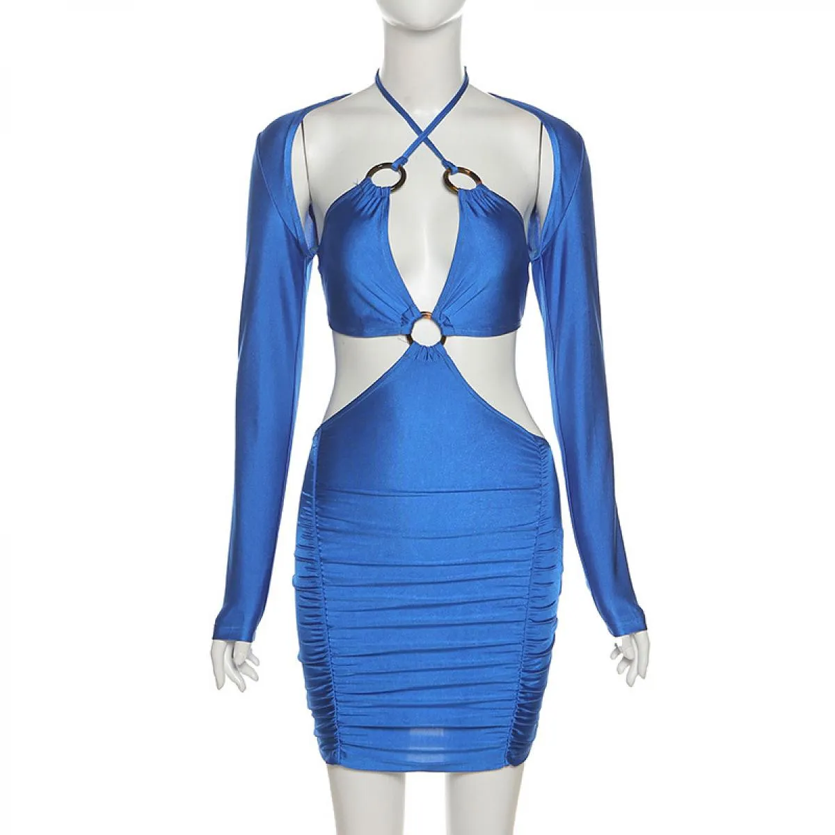Vestito da festa Blu Scava Halter per Donne Night Clubwear Cut-Out - Miniabito aderente slim in raso 2022