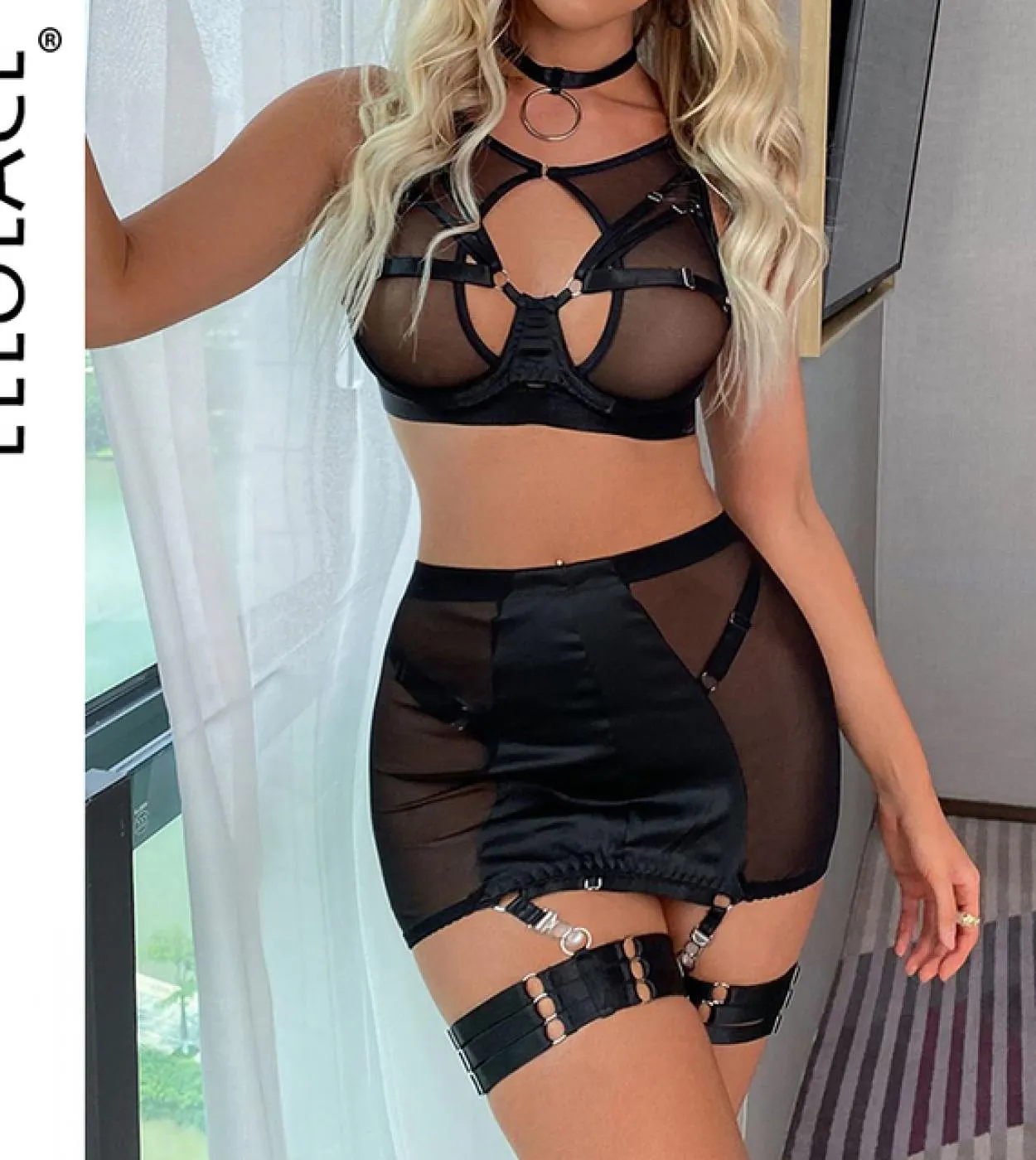 Red Lace Lingerie Set - Transparent Bra with Garter Belt and Bandages
