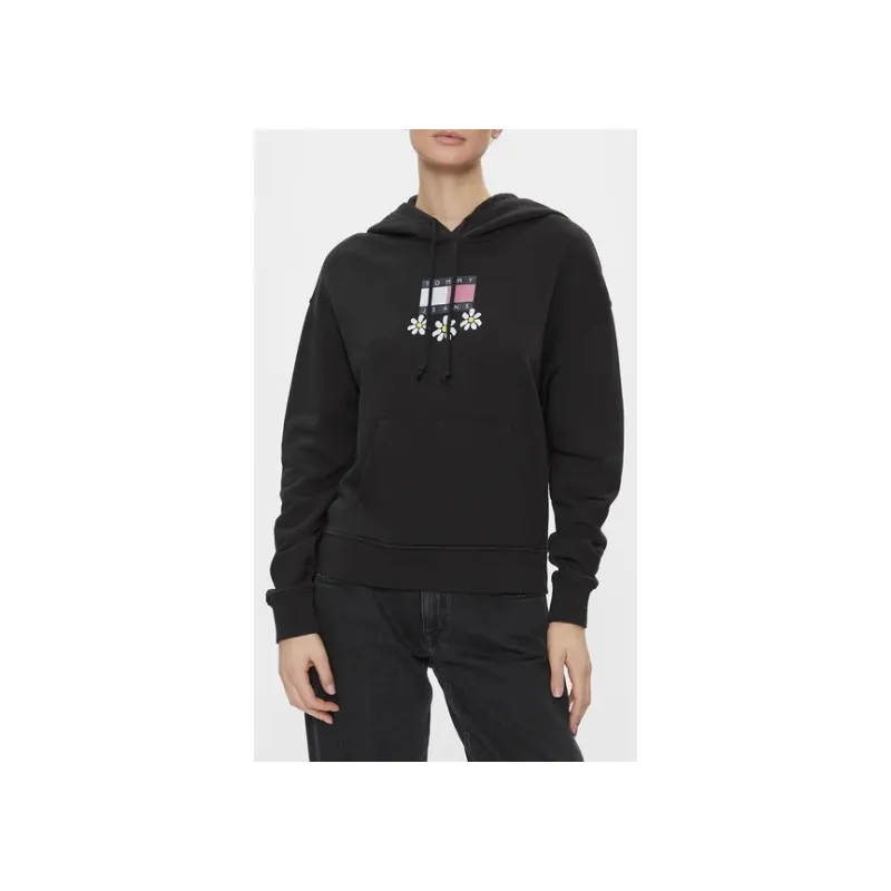 Tommy Jeans Black Daisy Flag Hooded Sweatshirt with Floral Logo for Women
