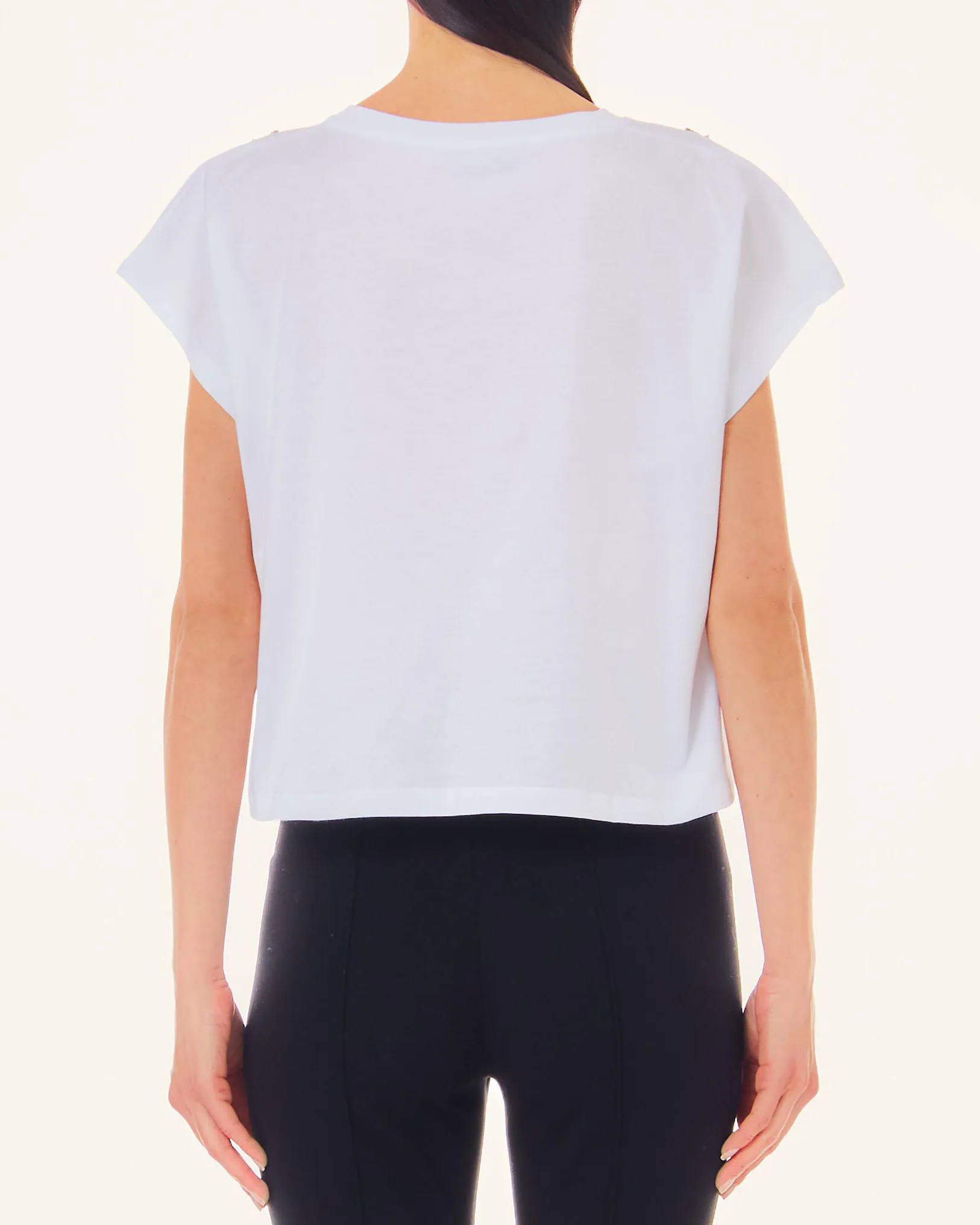 White Stretch Cotton T-shirt with Golden Chain Applications and Wing-Style Sleeves